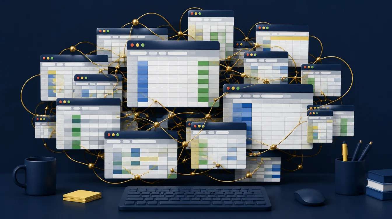 Many overlapping spreadsheet windows with tangled gold lines cluttering a desk