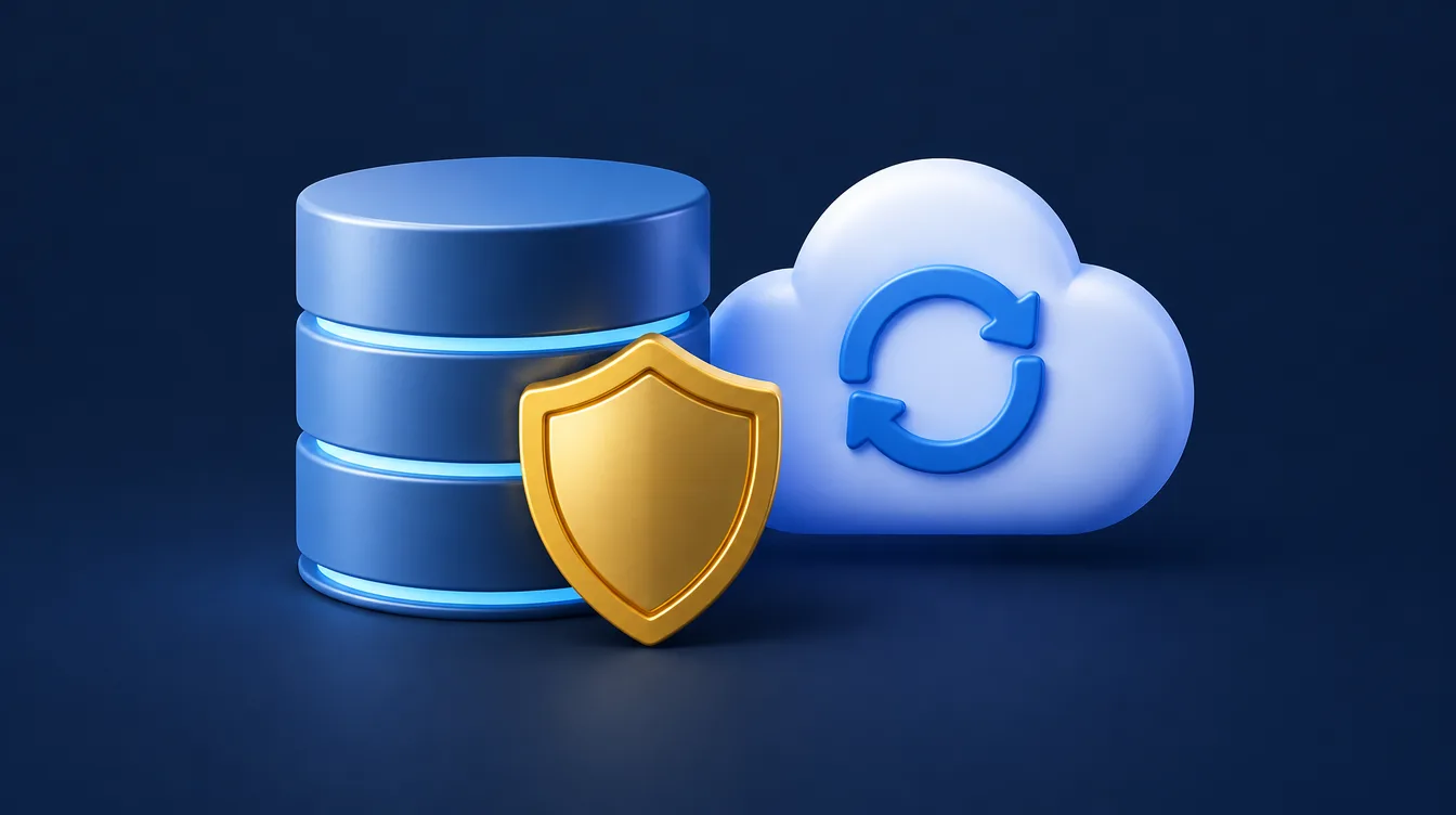 Database cylinder with a gold shield and a cloud with a refresh arrow representing secure data backups