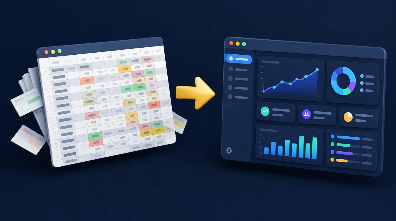 Messy spreadsheet grid transforming into a clean custom software dashboard with charts