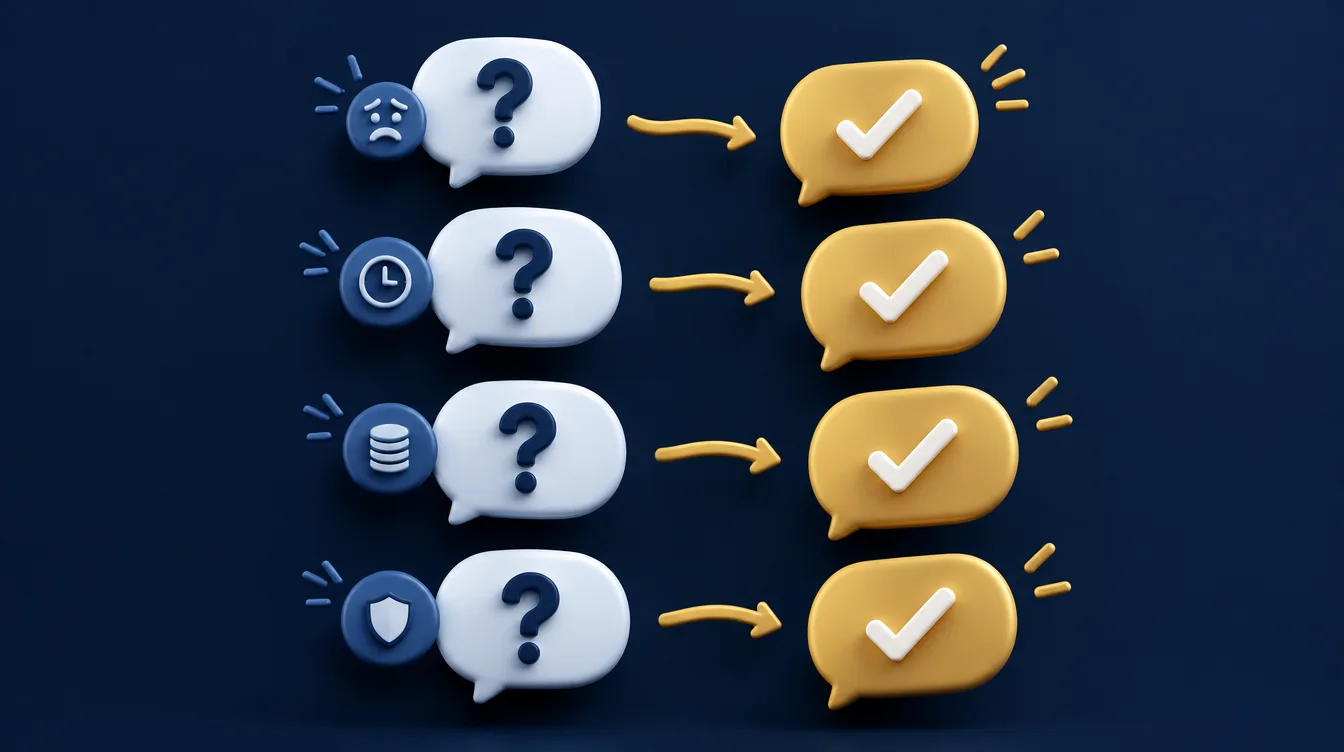 Question speech bubbles with question marks being answered by gold tick bubbles