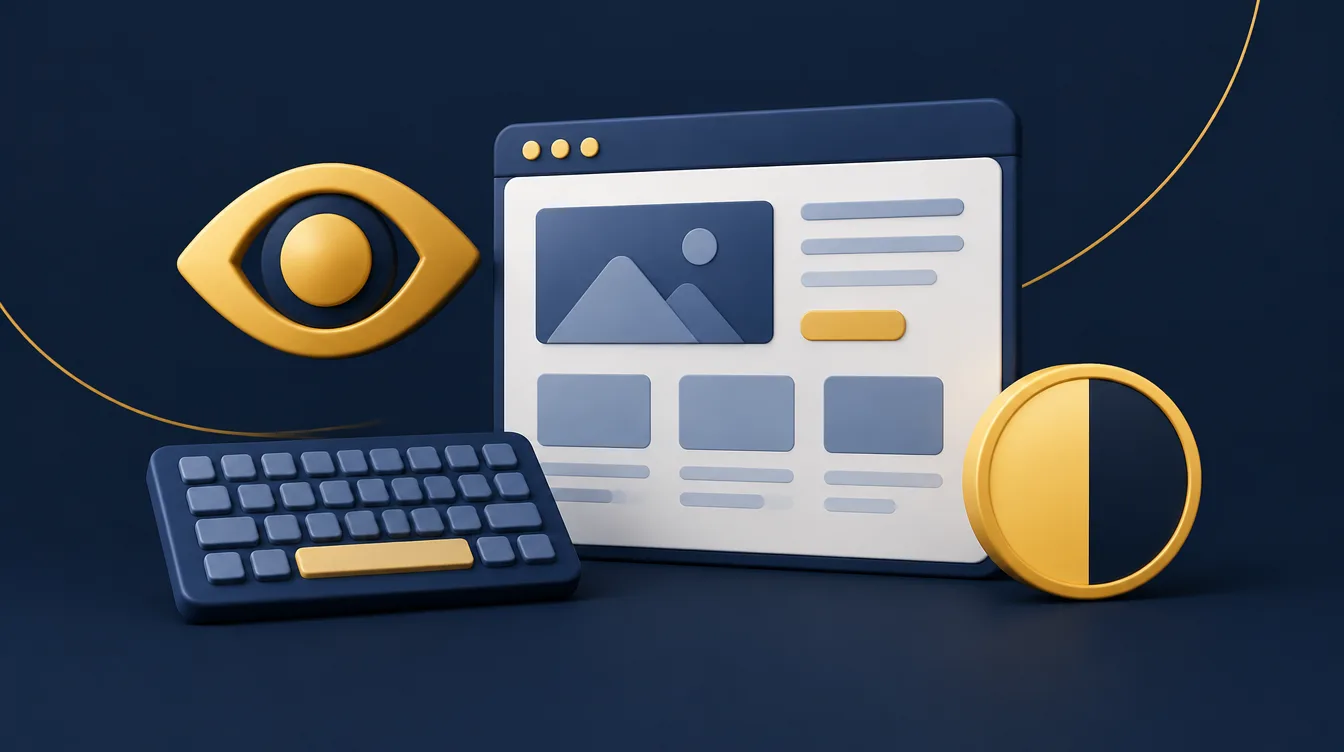 Eye icon, keyboard and contrast symbol beside a web page representing accessibility