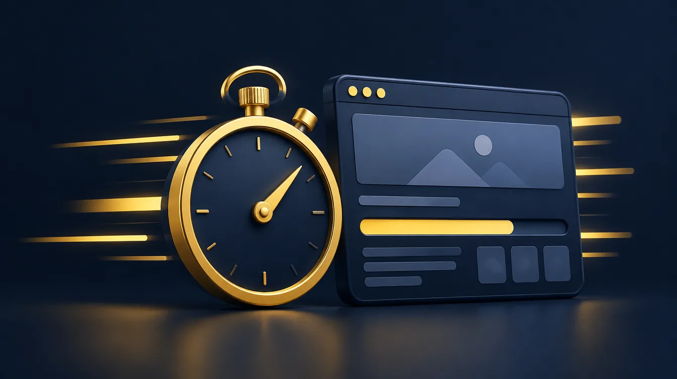 Stopwatch beside a fast-loading web page with speed lines