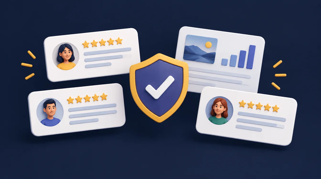 Testimonial cards with gold star ratings, a case study card and a shield with a tick