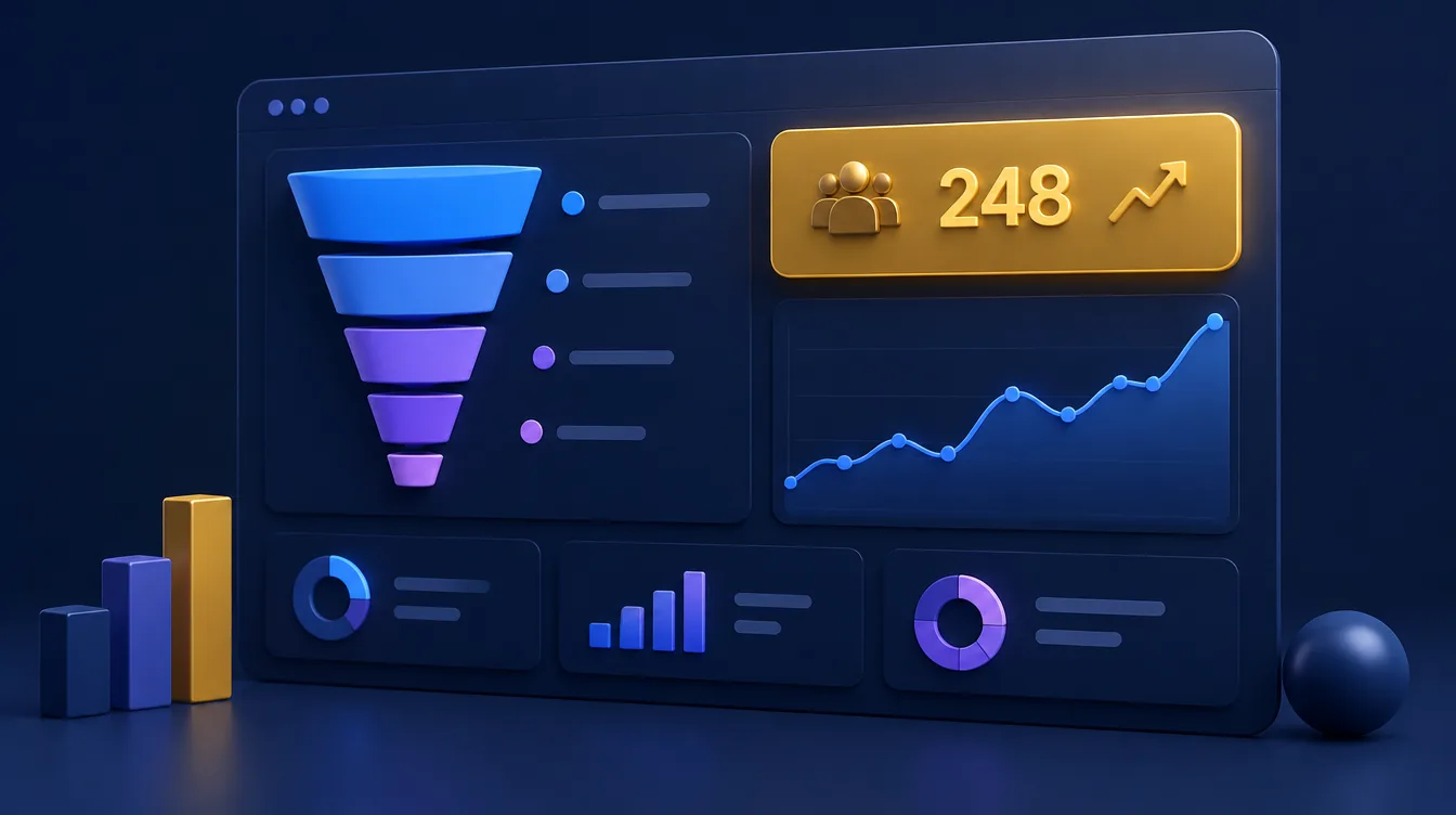 Analytics dashboard with a conversion funnel, line chart and a highlighted enquiries counter