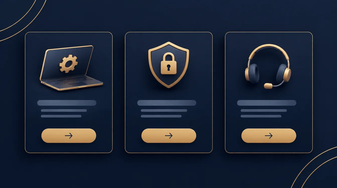 Three focused service page cards each with one icon and one button