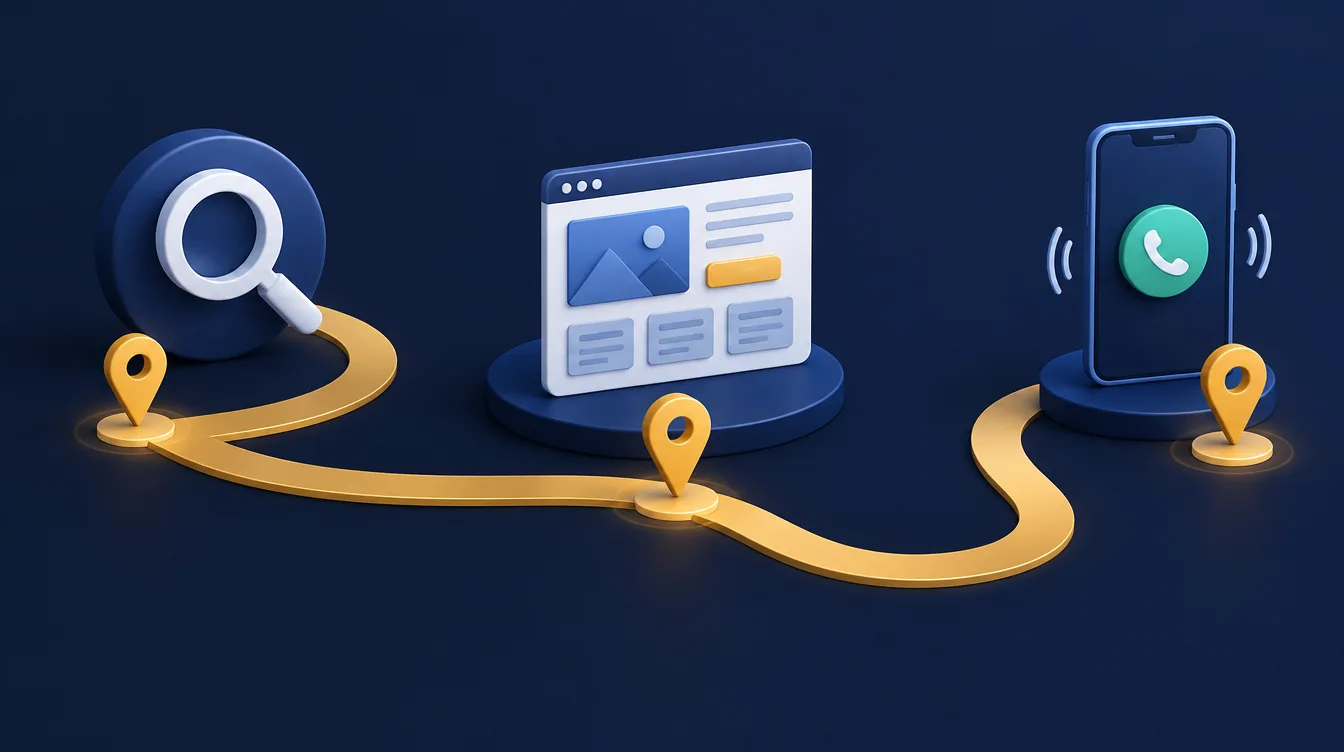 Winding gold route with milestone pins from a search icon through a website page to a phone call