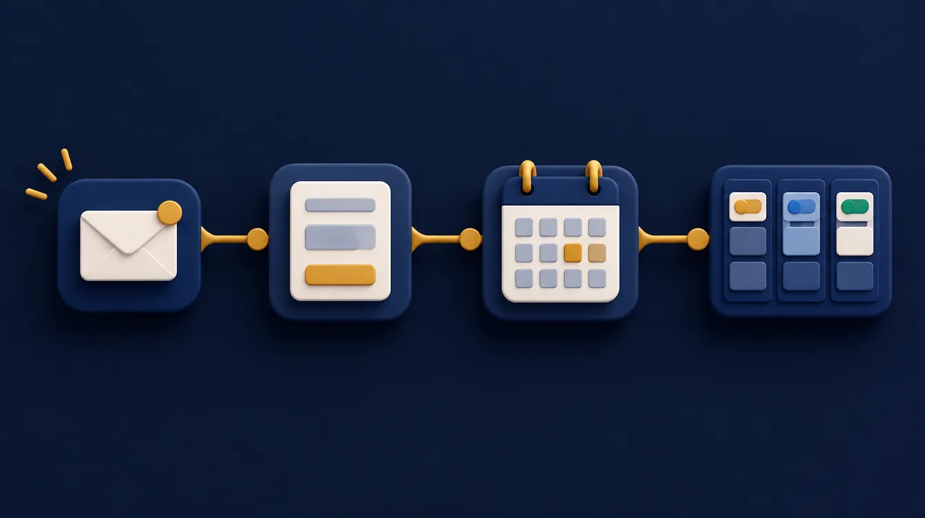 Workflow diagram linking an enquiry email, a form, a calendar and a task board with gold lines