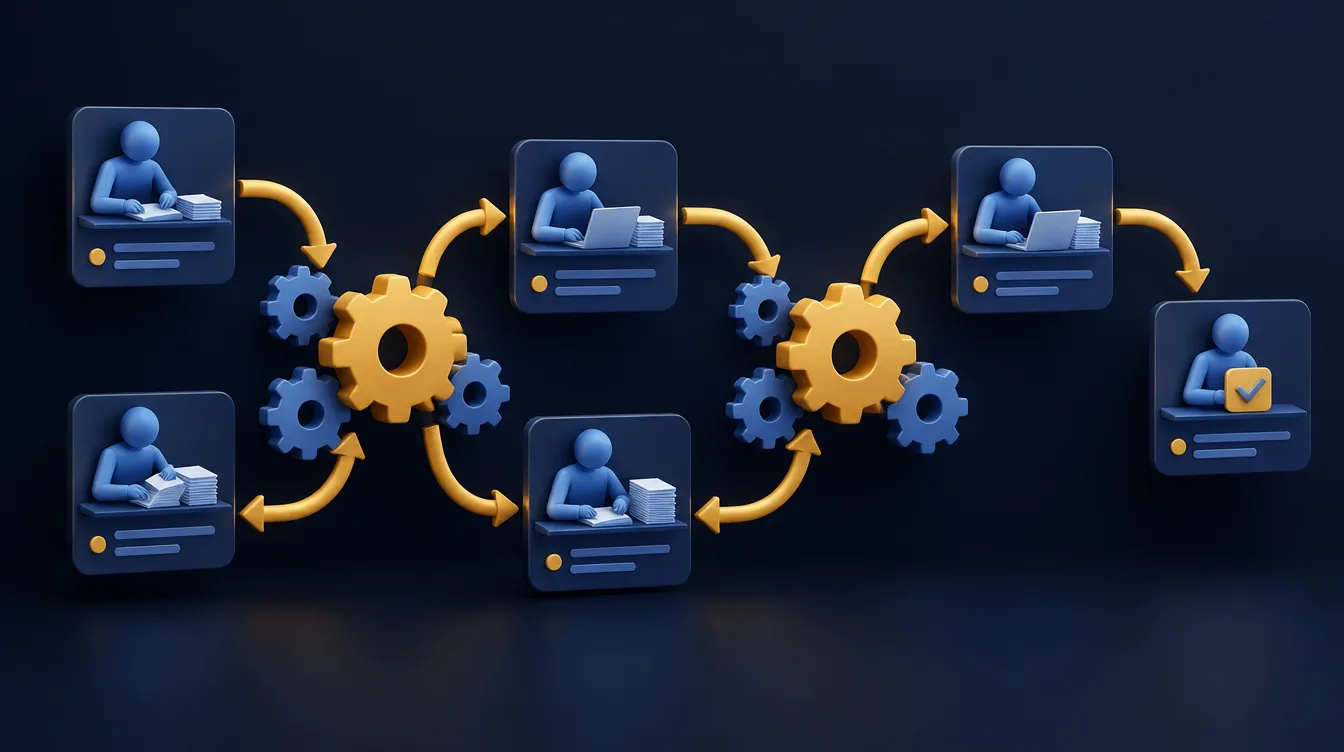 Repetitive manual task cards connected by gears and gold automation arrows in a flowing workflow