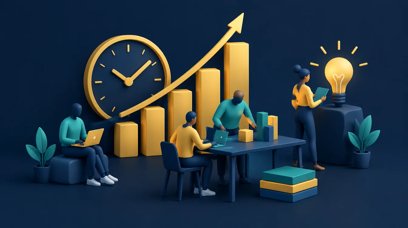 Rising productivity chart with a clock and a small team working on high-value tasks