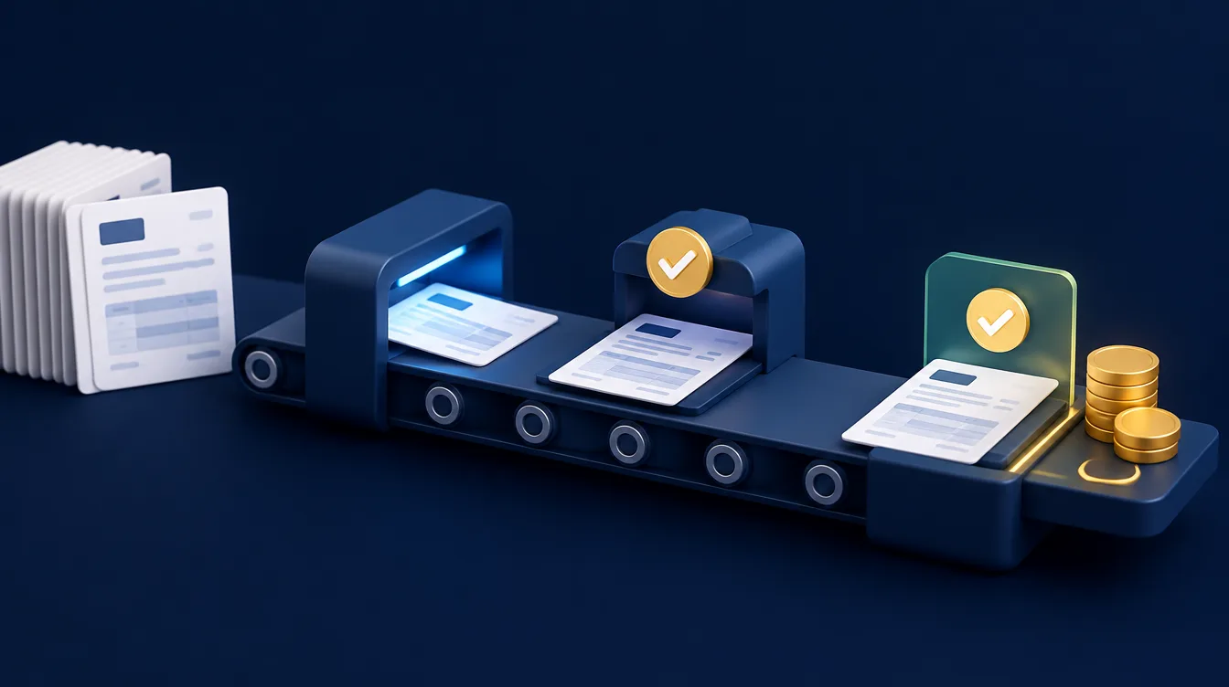 Invoice documents moving along an automated conveyor into approved and paid stages