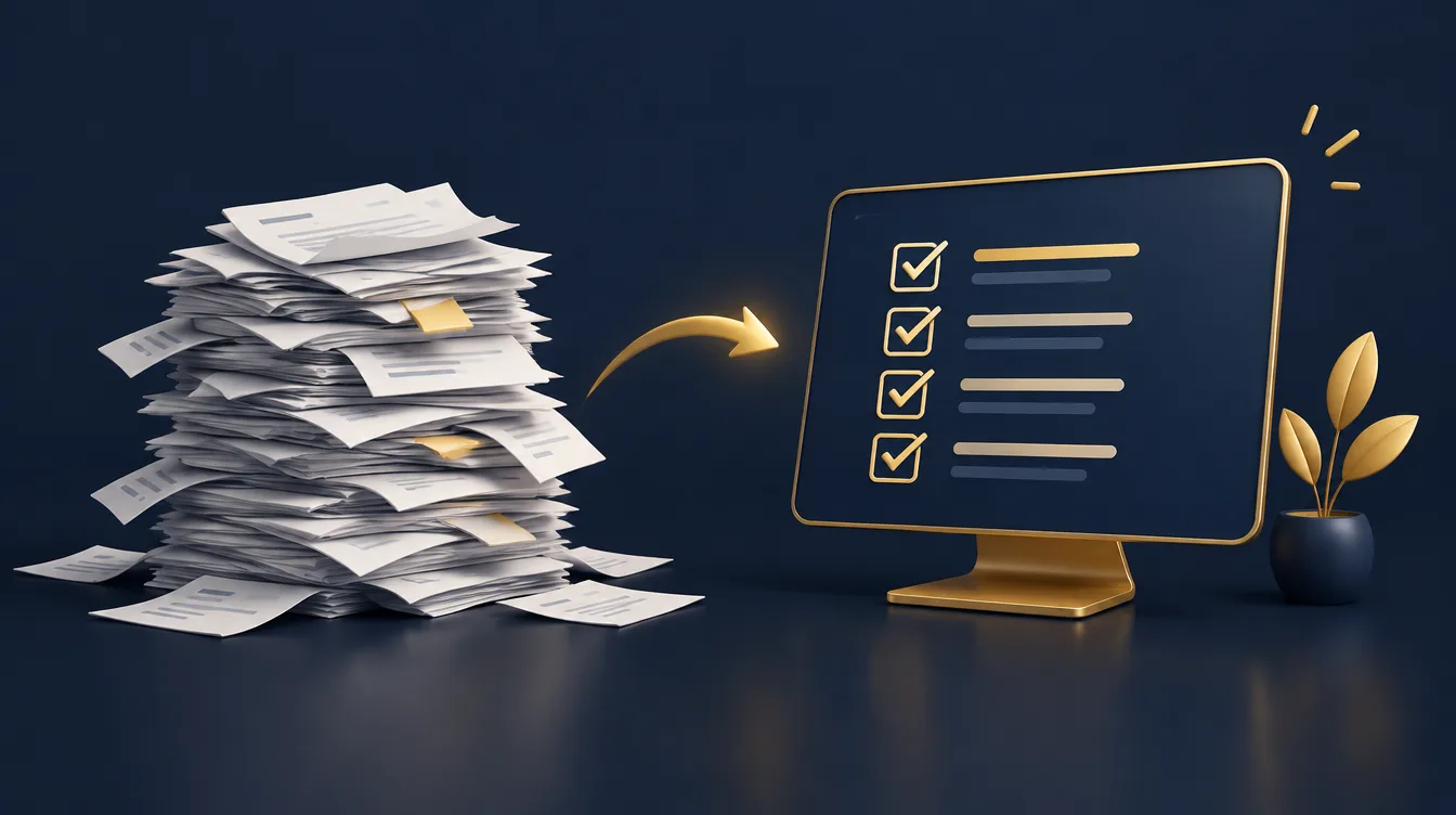 Pile of paperwork transforming into a tidy digital checklist on a screen