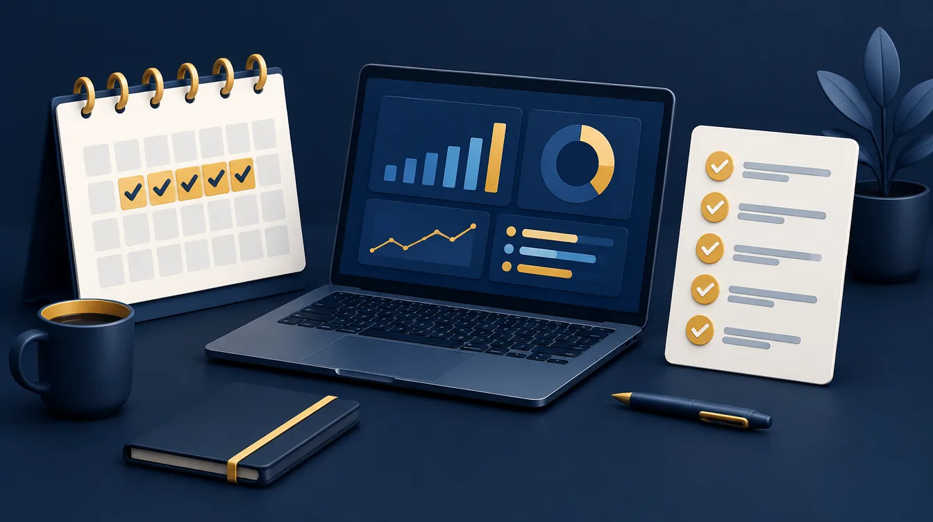 Calendar, laptop with a dashboard and an action checklist with gold ticks representing a regular reporting rhythm