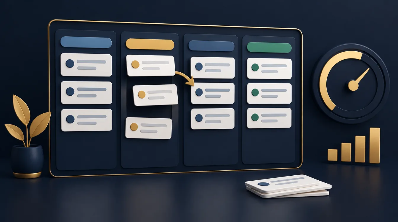 Operations task board with job cards moving between columns and a progress gauge