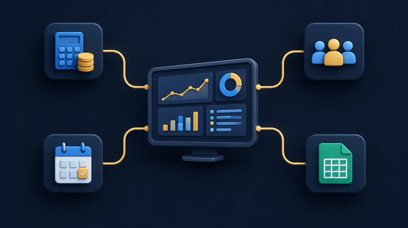 Accounting, CRM, booking and spreadsheet icons connected by gold lines into one central dashboard screen
