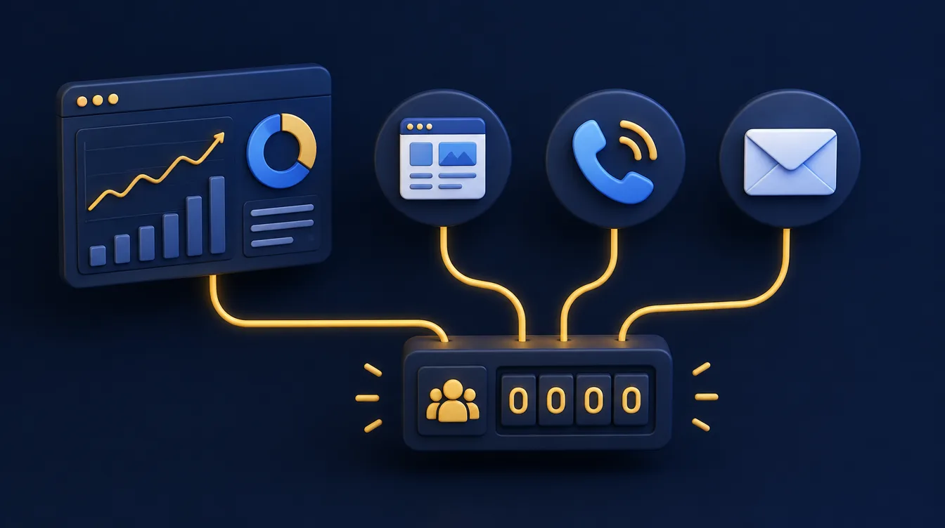 Website analytics connected to enquiry icons for a web page, a phone and an email feeding an enquiries counter
