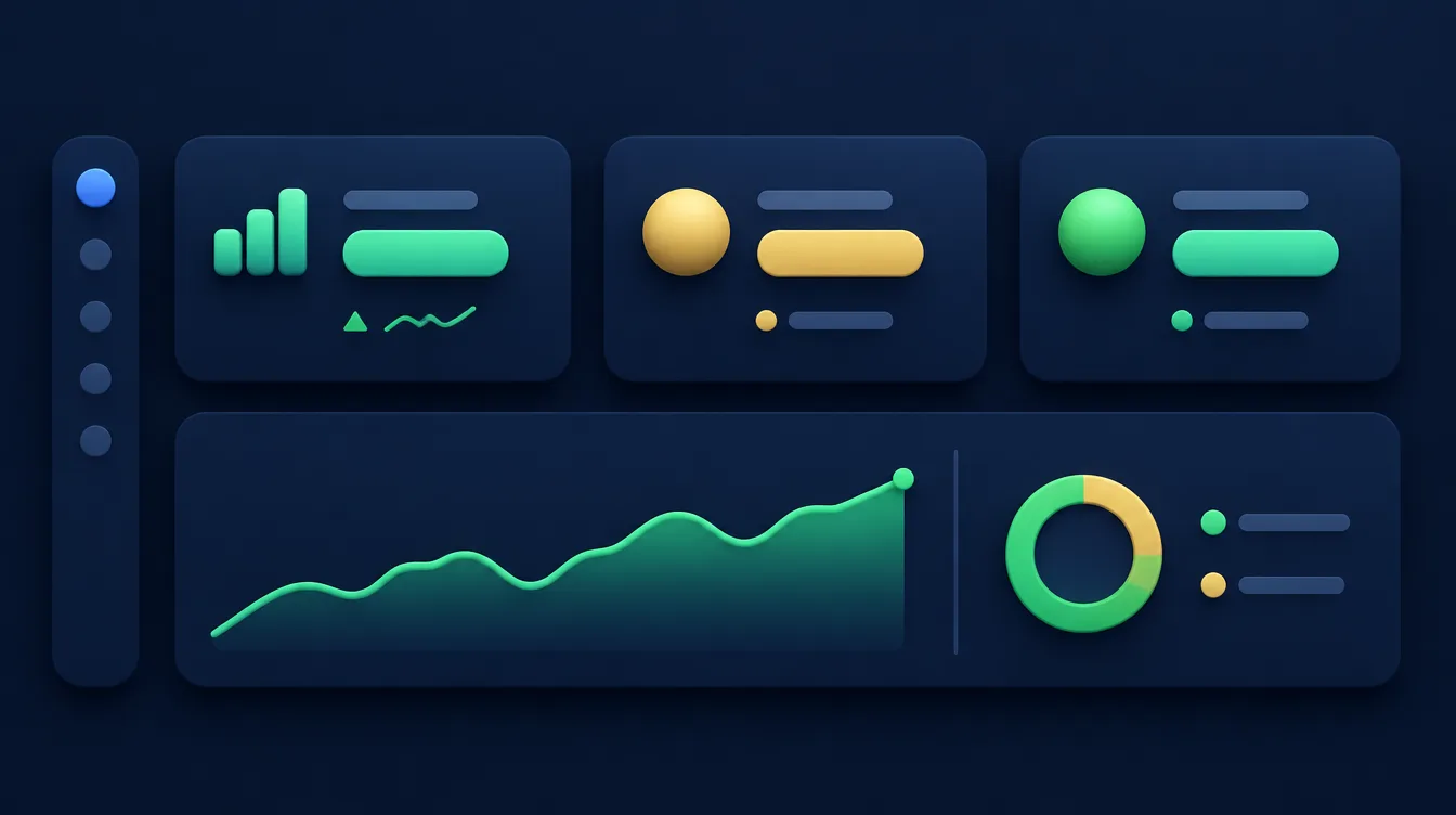Clean uncluttered dashboard layout with a few large KPI cards, a status indicator and a trend line