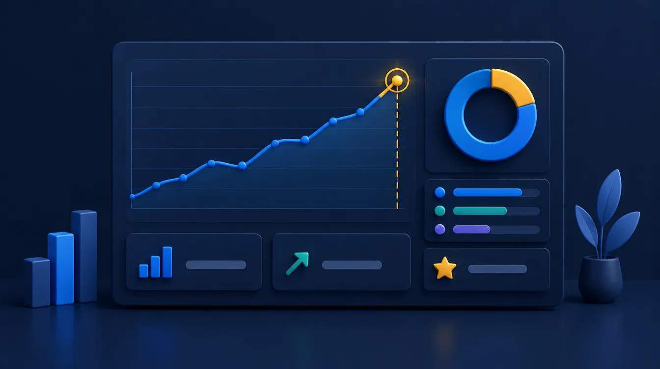 Business KPI dashboard with a revenue line chart, margin donut chart and a gold target marker
