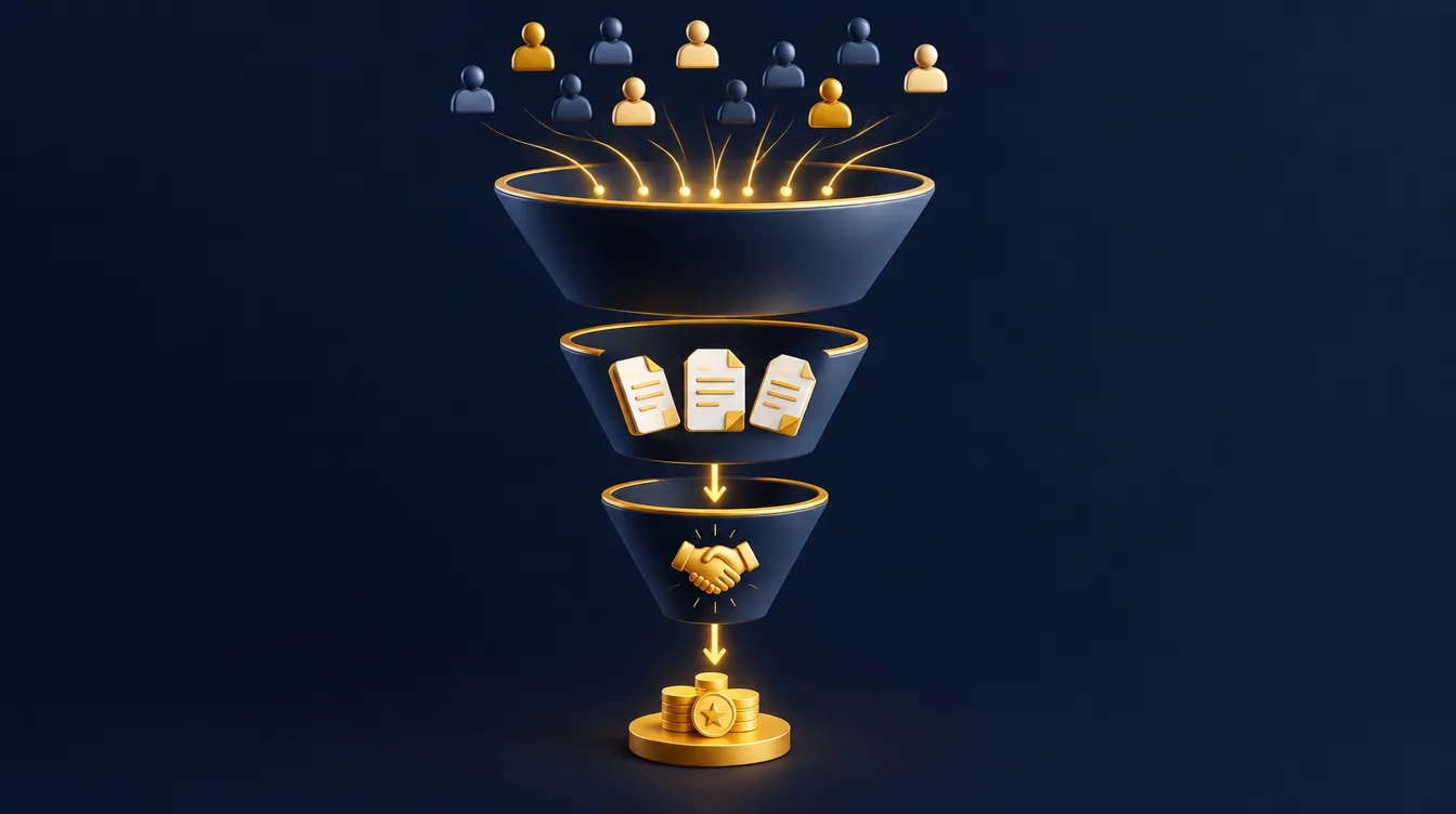 Sales funnel with leads flowing down into proposals and won deals with gold highlights