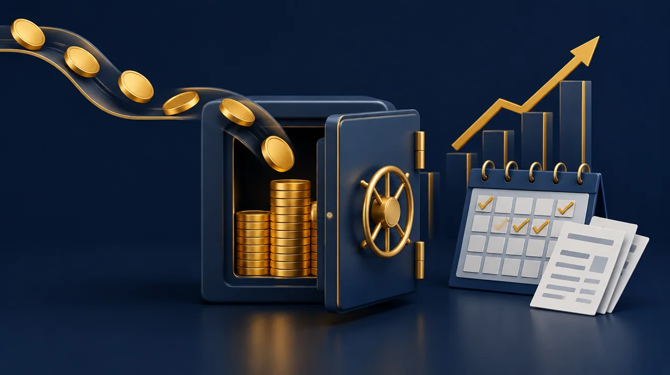 Gold coins flowing into a bank safe beside a rising line chart and a calendar of invoices