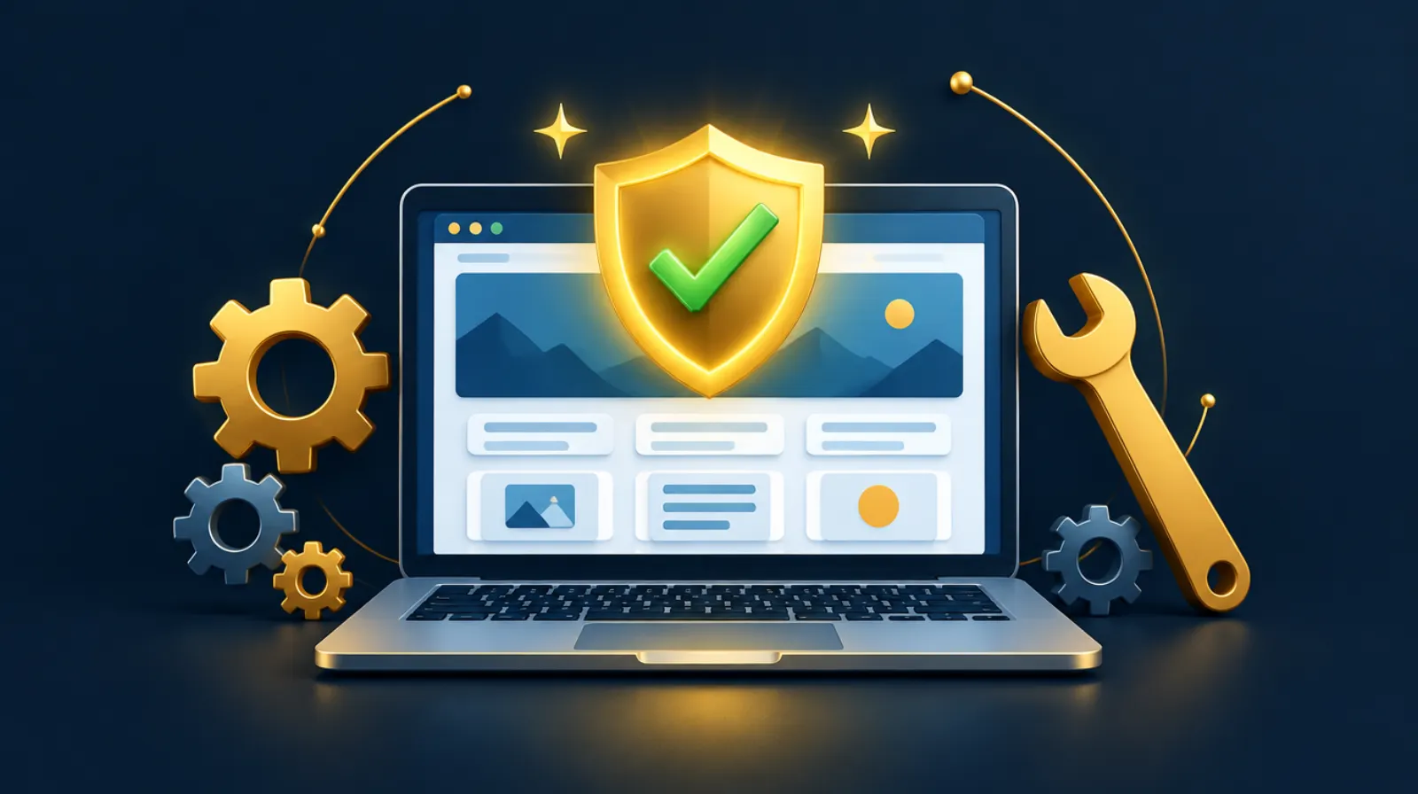 Laptop showing a healthy website protected by a gold shield with a green tick, surrounded by gears and a wrench.