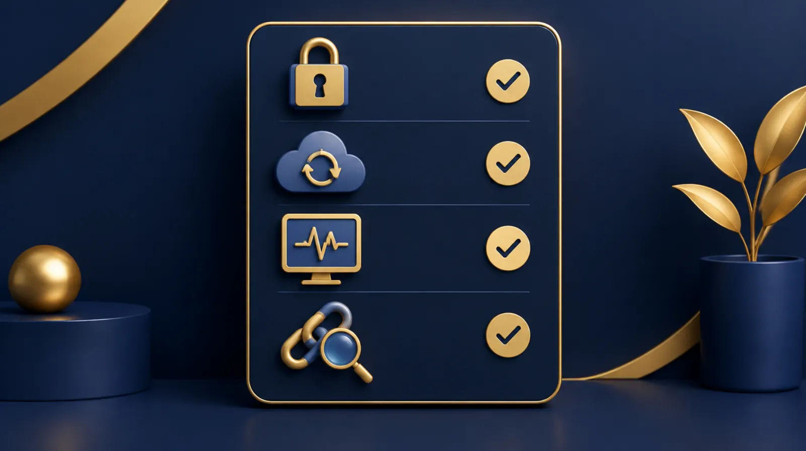 Checklist panel with gold ticks beside icons for a padlock, a cloud backup, an uptime monitor and a magnifying glass over a link