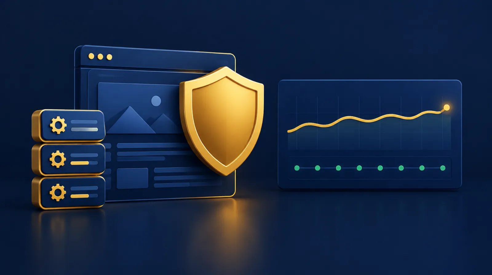 Website protected by a gold shield with stacked update patches beside a calm uptime graph line