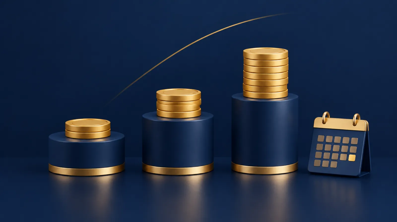 Three rising stacks of gold coins on navy pedestals beside a calendar, representing monthly maintenance plan tiers