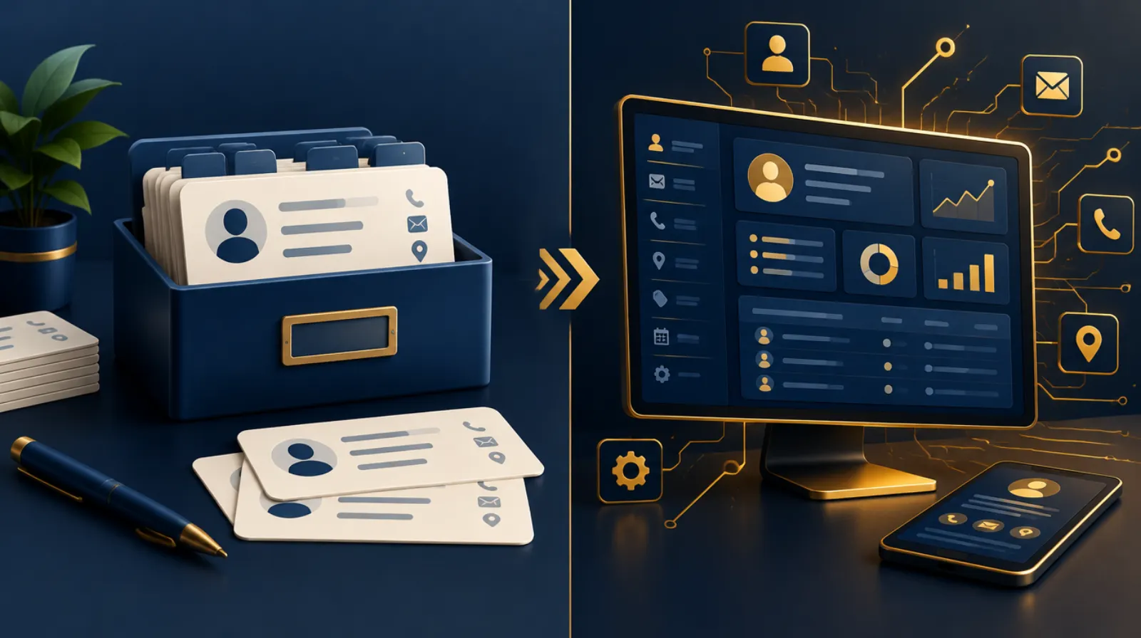 Split image: a tidy card-index box of customer contacts on the left and a custom-built software dashboard with gold circuitry on the right.