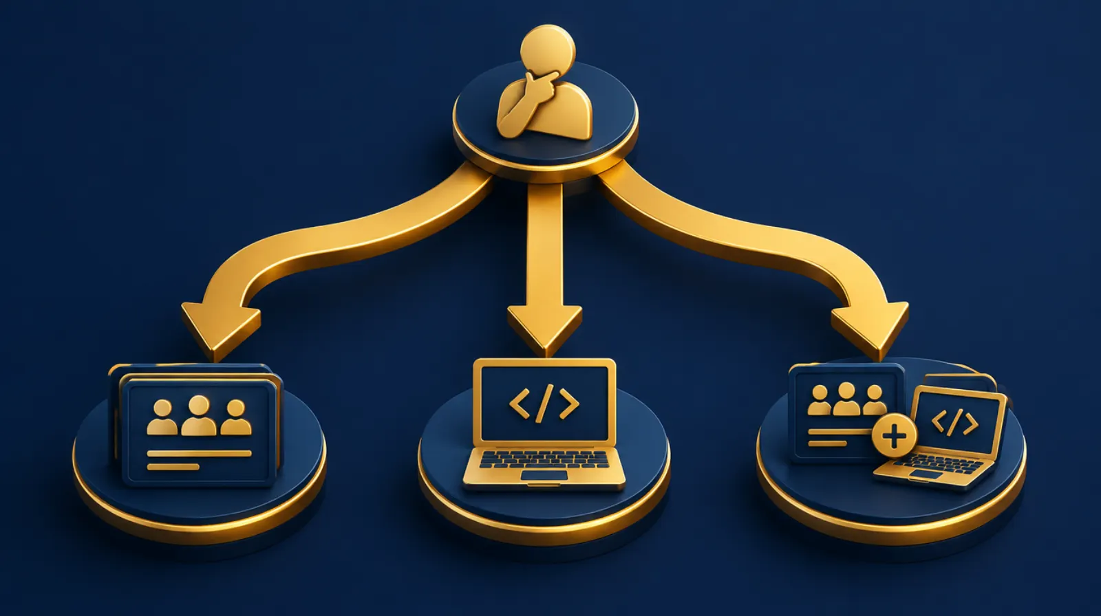 Decision flowchart with three gold paths leading to a CRM icon, a custom software icon and a combined option