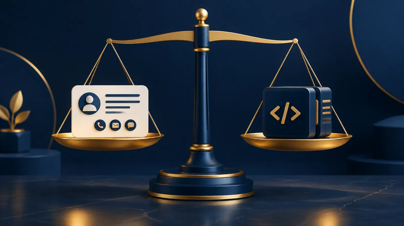 Balance scale weighing a simple contact card against a custom software block with gold highlights