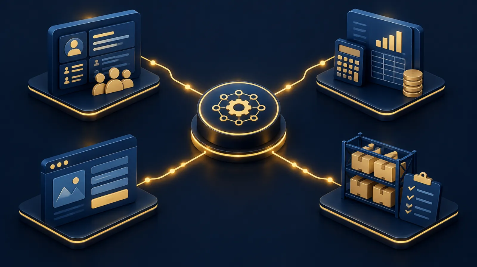 CRM connected by glowing gold lines to an accounting package, a website form and a stock system through a central custom integration hub