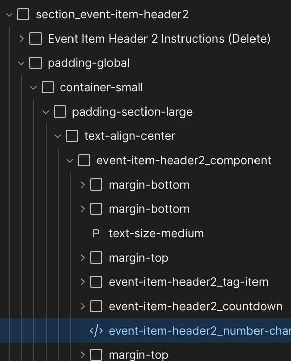 Screenshot of a nested list showing layout and style class names for a web component, including section_event-item-header2 and nested containers like padding-global, container-small, padding-section-large, and text-align-center with child elements such as margin-bottom, margin-top, and event-item-header2 components.
