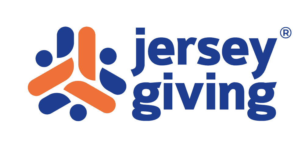 Jersey Giving logo featuring an abstract design of three orange arms and three blue dots forming a circular pattern to the left of the words 'jersey giving' in bold blue letters.