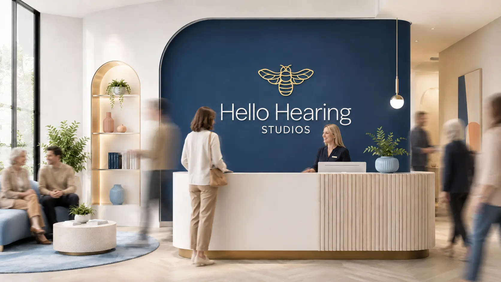 Reception area of a Hello Hearing Studios hearing clinic in Colorado