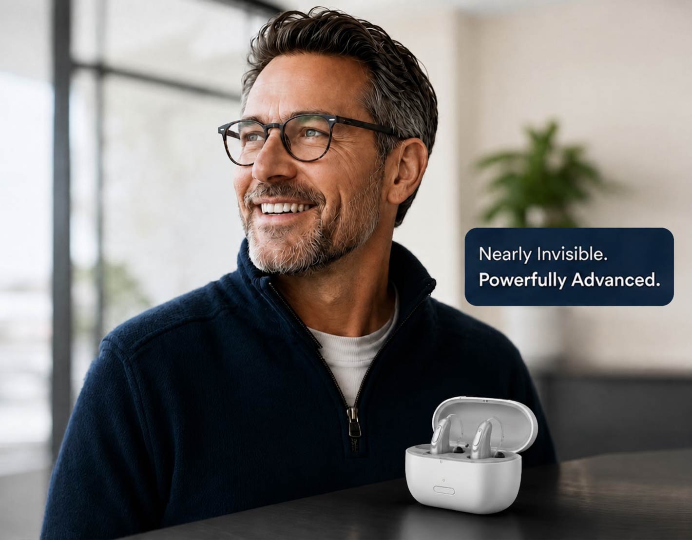 Man wearing nearly invisible rechargeable hearing aids beside their charging case