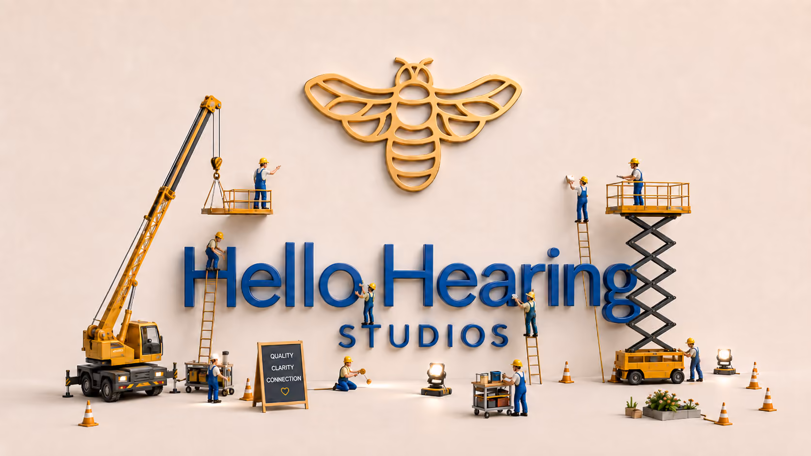 Illustration of the Hello Hearing Studios logo being built, with the values quality, clarity and connection