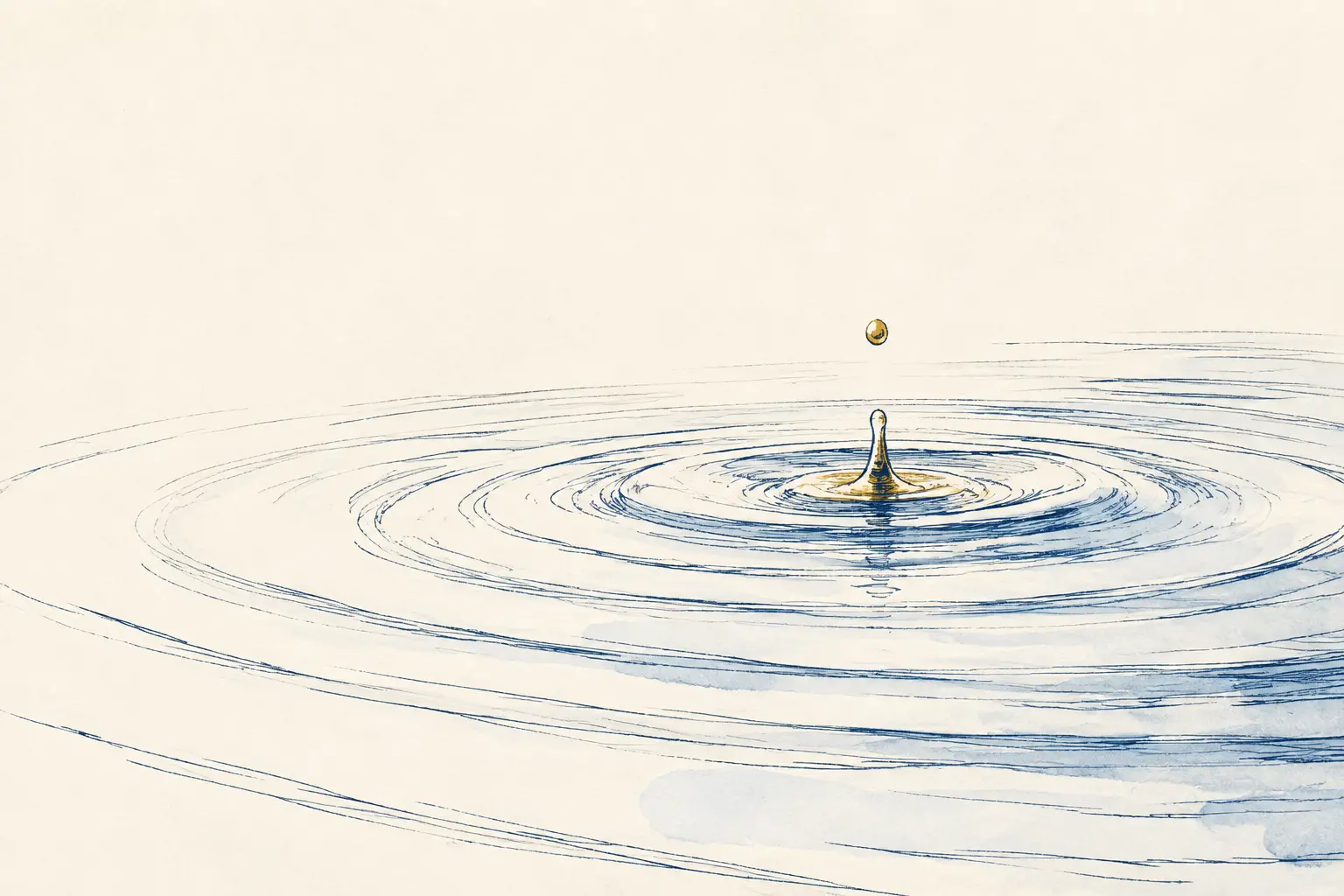 Hand-drawn water ripples spreading outward from a single gold droplet