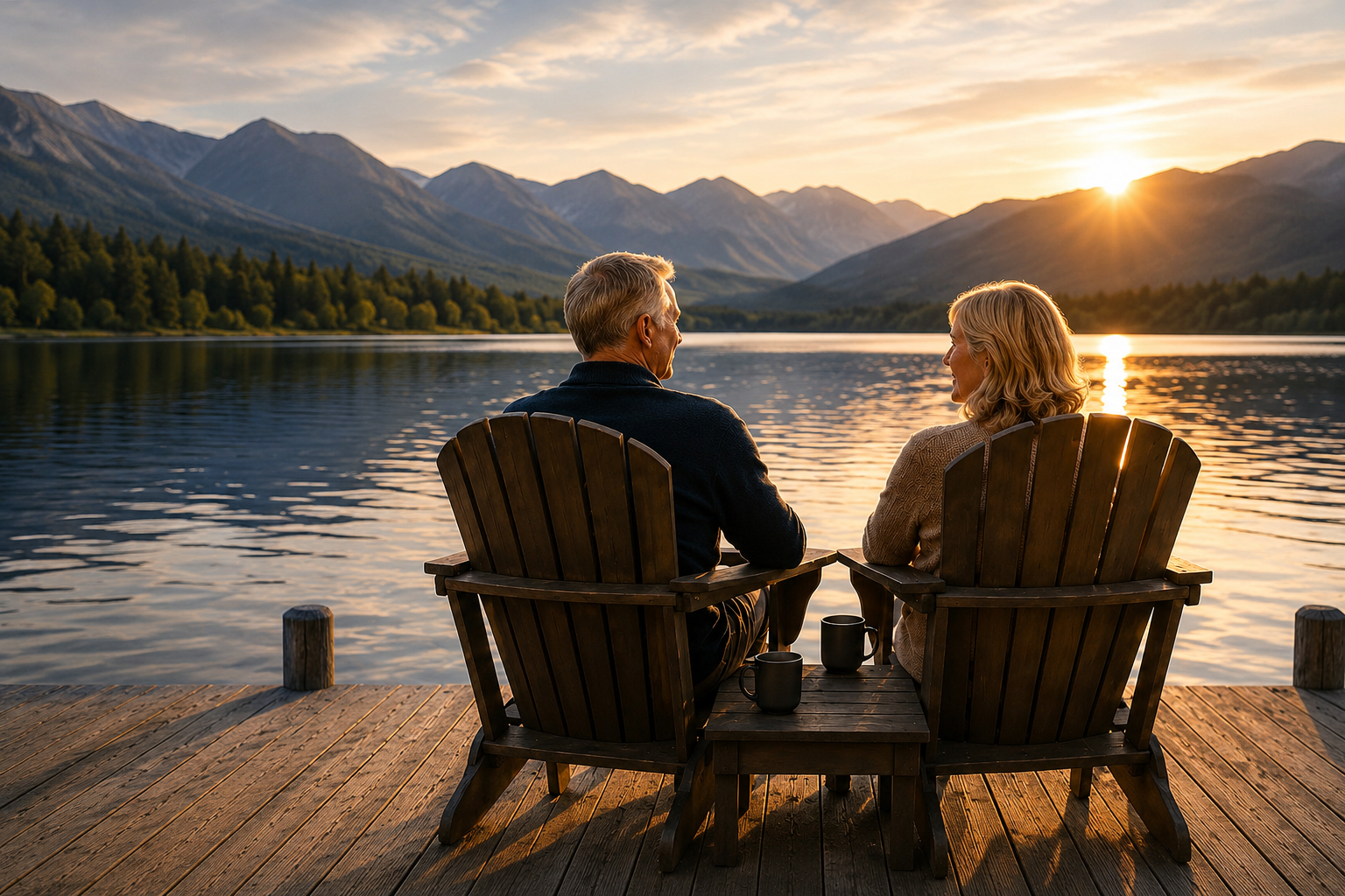 Retired couple seated beside a mountain lake at sunset