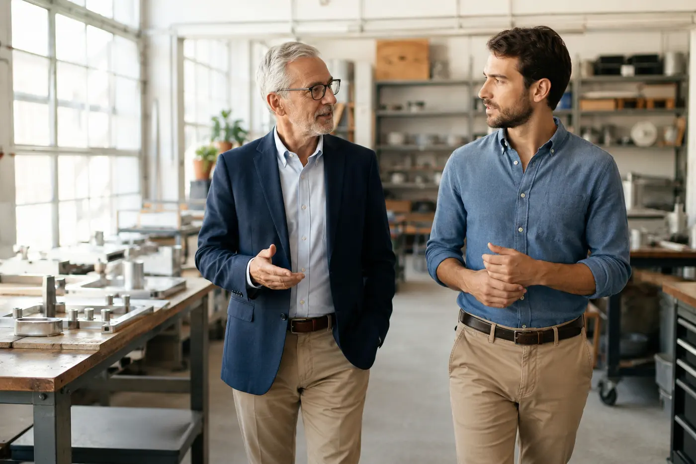 A business founder discussing the company with a younger successor in the workspace