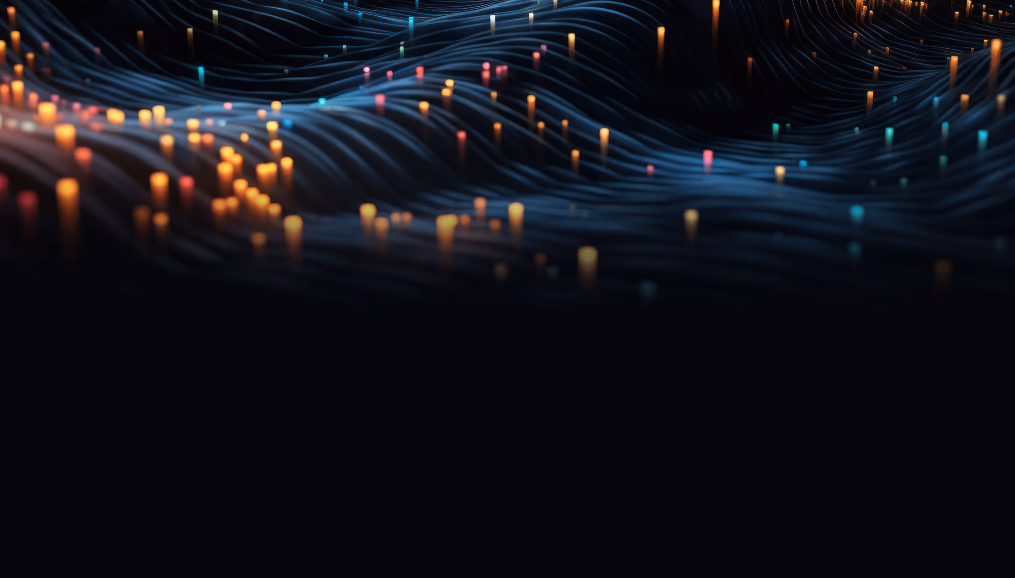 Abstract digital waves with glowing multicolored vertical light bars set against a dark background.