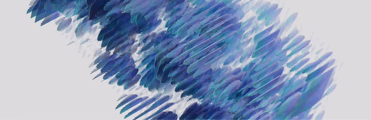 Abstract digital artwork with diagonal streaks and blotches in shades of blue and teal on a light gray background.