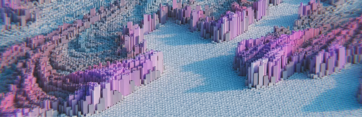 Abstract 3D cityscape with pink and purple rectangular towers rising from a textured surface under soft lighting.