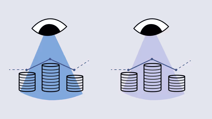 Two stylized eyes each projecting a light beam onto three stacked coin columns with a dotted line graph showing values across the coins, illustrating data observation or analysis.