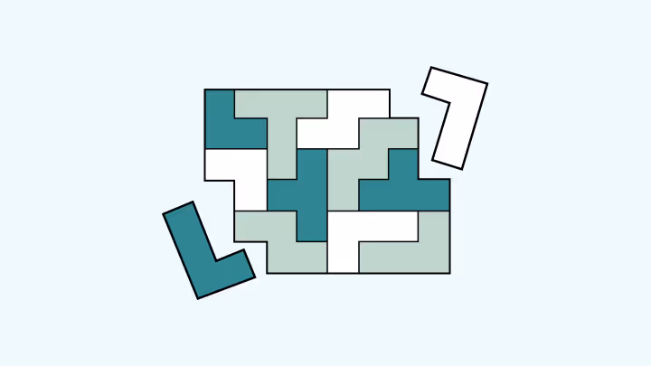 A partially completed rectangular puzzle with interlocking T-shaped pieces in teal, light green, and white, with two pieces outside the main puzzle on a light blue background.