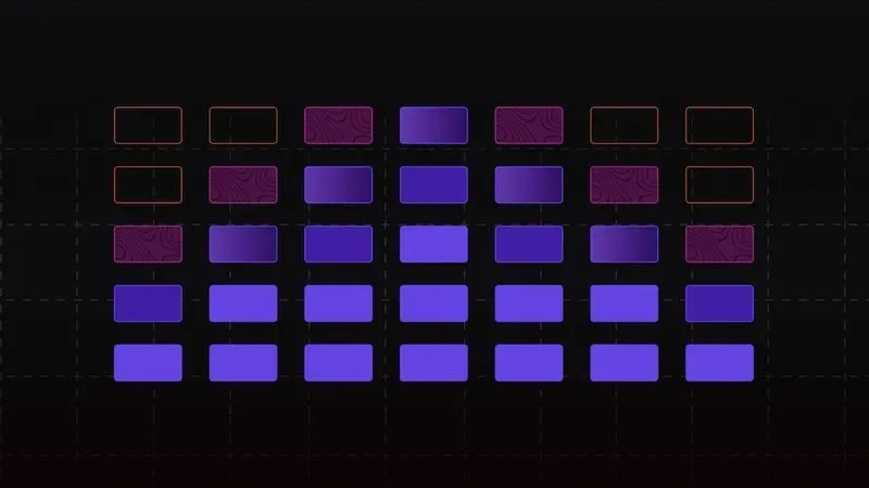 A black background with purple squares and orange squares.