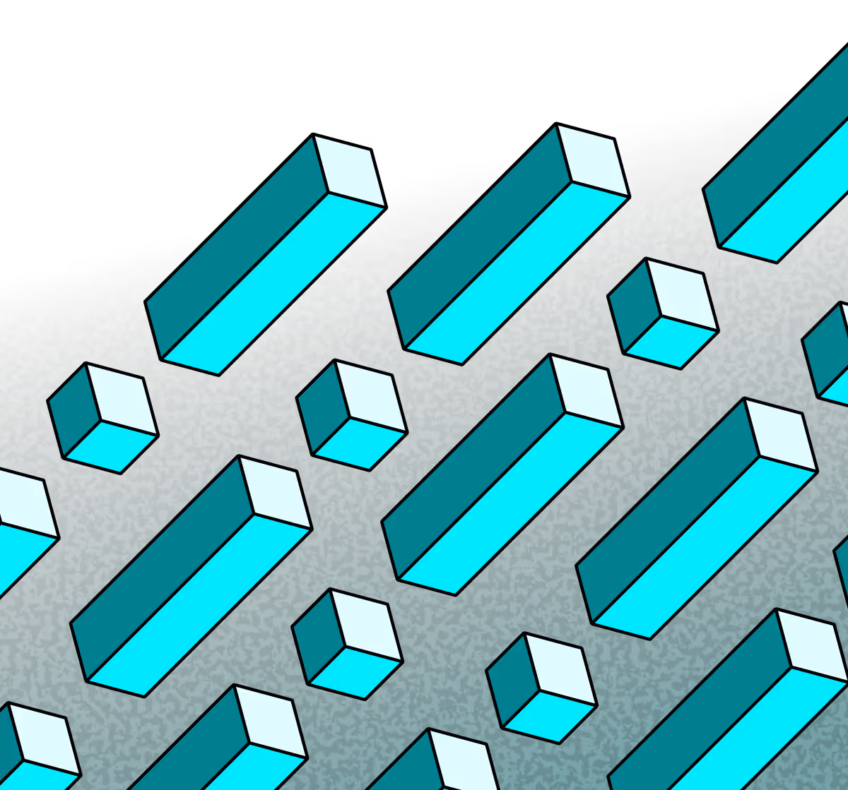 Pattern of various sized cyan 3D rectangular prisms and cubes arranged diagonally on a dark background.