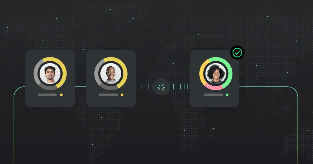 A black background with three people's faces and a world map.