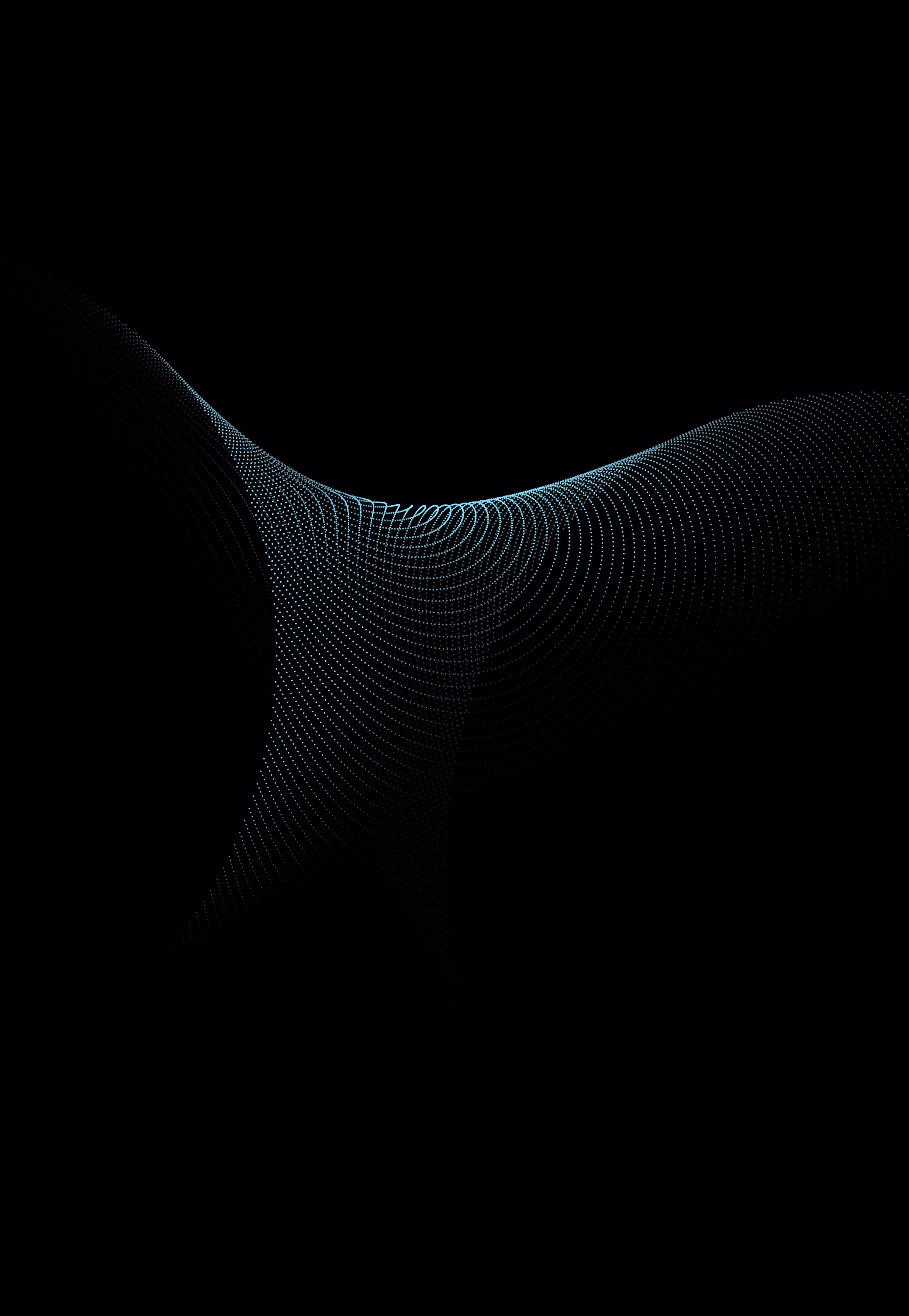 Abstract, flowing wave formed by a grid of fine light blue dots on a black background creating a dynamic 3D mesh effect.
