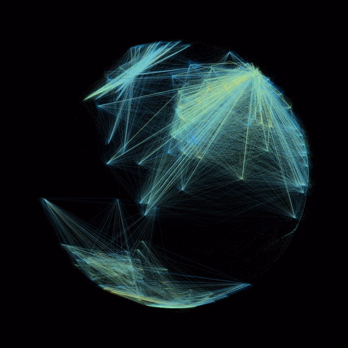 Abstract glowing network sphere with teal and yellow interconnected lines forming triangular patterns on a black background.