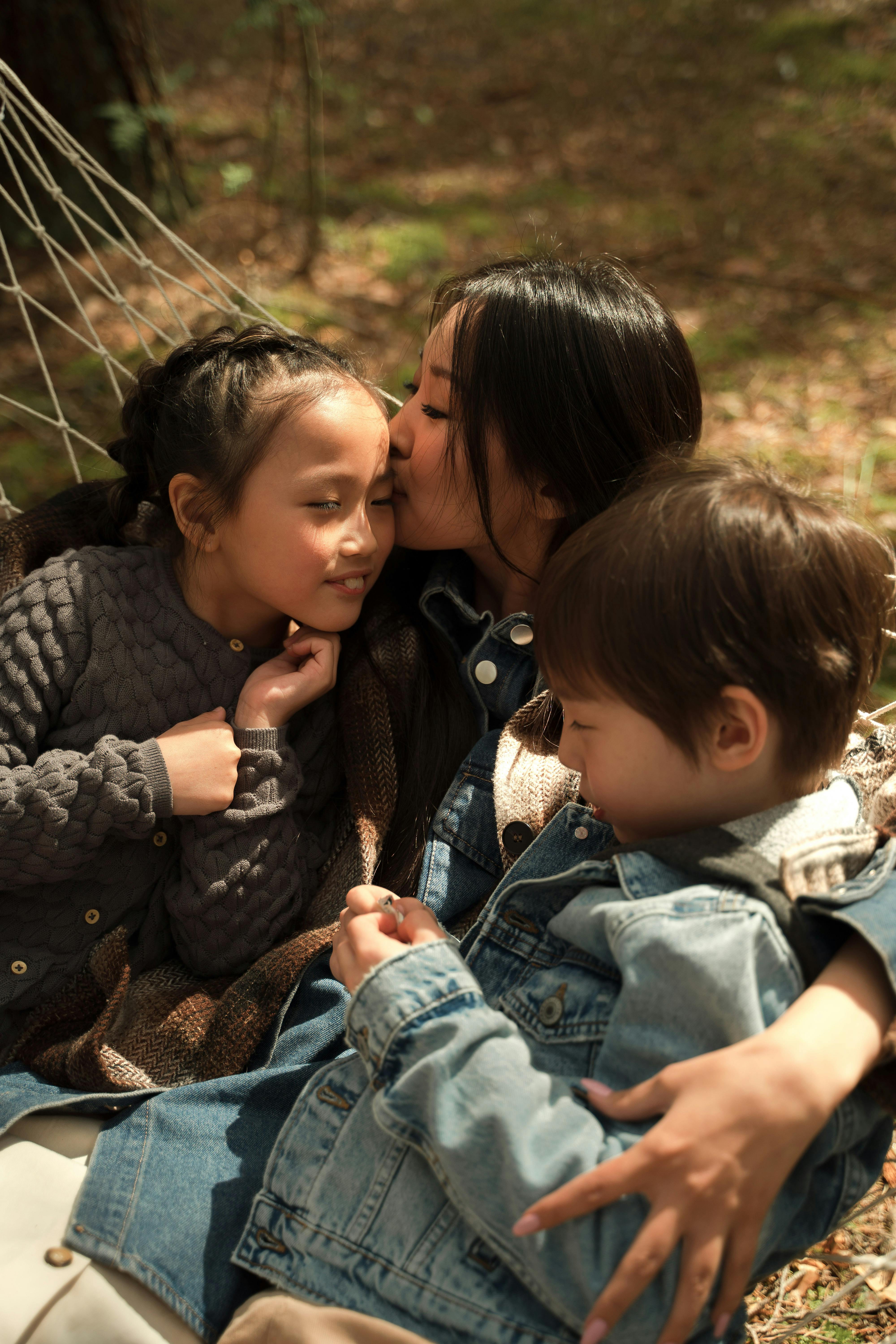 Family hugging stock image